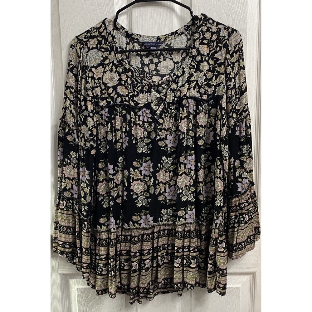 American Eagle Women Black Floral V-neck Peasant Top Lace Bodice Boho Blouse S/M